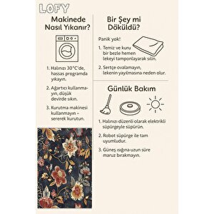 Çiçek Desenli Klasik Halı – Lacivert, Kırmızı Ve Sarı – Canlı Renkli Vintage Çiçek Tasarımı, Makinede Yıkanabilir, Kaymaz Ve İnce Tabanlı