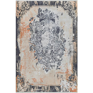 Gri, Turuncu Ve Krem Renkli Halı, Vintage Oriental Desenli, Yıkanabilir Ve Evcil Hayvan Dostu 200x220 cm