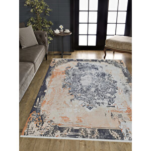 Gri, Turuncu Ve Krem Renkli Halı, Vintage Oriental Desenli, Yıkanabilir Ve Evcil Hayvan Dostu 200x220 cm