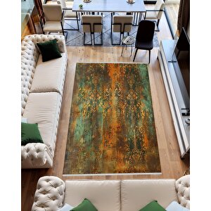 Vintage Barok Halı – Turuncu Ve Yeşil – Eskitme Damask Desenli, Makinede Yıkanabilir, Kaymaz Ve İnce Tabanlı 160x350 cm
