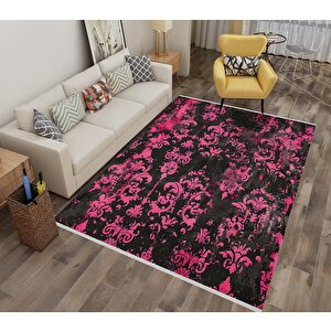 Barok Desenli Halı – Siyah Ve Canlı Pembe – Cesur Kontrastlı Tasarım, Makinede Yıkanabilir, Toz Tutmaz, Kaymaz Taban, Evcil Hayvan Dostu 180x270 cm