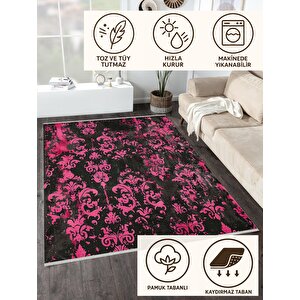 Barok Desenli Halı – Siyah Ve Canlı Pembe – Cesur Kontrastlı Tasarım, Makinede Yıkanabilir, Toz Tutmaz, Kaymaz Taban, Evcil Hayvan Dostu