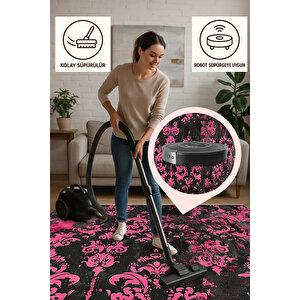Barok Desenli Halı – Siyah Ve Canlı Pembe – Cesur Kontrastlı Tasarım, Makinede Yıkanabilir, Toz Tutmaz, Kaymaz Taban, Evcil Hayvan Dostu