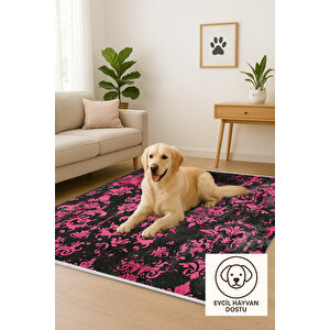 Barok Desenli Halı – Siyah Ve Canlı Pembe – Cesur Kontrastlı Tasarım, Makinede Yıkanabilir, Toz Tutmaz, Kaymaz Taban, Evcil Hayvan Dostu