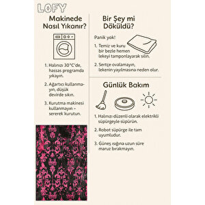Barok Desenli Halı – Siyah Ve Canlı Pembe – Cesur Kontrastlı Tasarım, Makinede Yıkanabilir, Toz Tutmaz, Kaymaz Taban, Evcil Hayvan Dostu