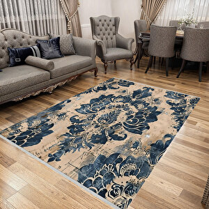 Damask Desenli Halı – Lacivert Ve Bej – Sanatsal Eskitme Dokunuşlarıyla Dramatik Zarafet, Makinede Yıkanabilir, Kaymaz Ve İnce Tabanlı 160x230 cm