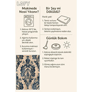 Damask Desenli Halı – Lacivert Ve Bej – Sanatsal Eskitme Dokunuşlarıyla Dramatik Zarafet, Makinede Yıkanabilir, Kaymaz Ve İnce Tabanlı