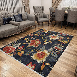 Çiçek Desenli Klasik Halı – Lacivert, Kırmızı Ve Sarı – Canlı Renkli Vintage Çiçek Tasarımı, Makinede Yıkanabilir, Kaymaz Ve İnce Tabanlı 150x300 cm