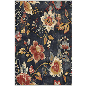 Çiçek Desenli Klasik Halı – Lacivert, Kırmızı Ve Sarı – Canlı Renkli Vintage Çiçek Tasarımı, Makinede Yıkanabilir, Kaymaz Ve İnce Tabanlı 150x300 cm