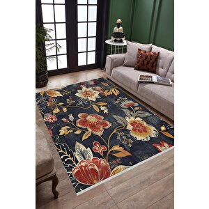 Çiçek Desenli Klasik Halı – Lacivert, Kırmızı Ve Sarı – Canlı Renkli Vintage Çiçek Tasarımı, Makinede Yıkanabilir, Kaymaz Ve İnce Tabanlı 150x300 cm