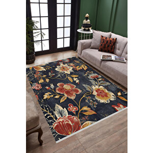 Çiçek Desenli Klasik Halı – Lacivert, Kırmızı Ve Sarı – Canlı Renkli Vintage Çiçek Tasarımı, Makinede Yıkanabilir, Kaymaz Ve İnce Tabanlı 80x150 cm