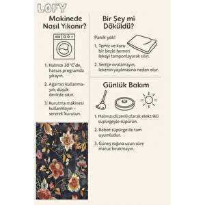Çiçek Desenli Klasik Halı – Lacivert, Kırmızı Ve Sarı – Canlı Renkli Vintage Çiçek Tasarımı, Makinede Yıkanabilir, Kaymaz Ve İnce Tabanlı
