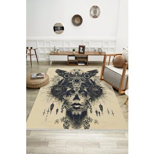 Gotik İllüstrasyon Halı – Siyah Ve Krem – Cesur Ve Sıra Dışı Dekoratif Tarz, Makinede Yıkanabilir, Kaymaz Taban, Evcil Hayvan Dostu 150x240 cm