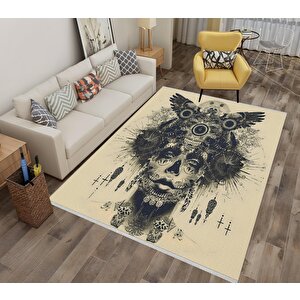 Gotik İllüstrasyon Halı – Siyah Ve Krem – Cesur Ve Sıra Dışı Dekoratif Tarz, Makinede Yıkanabilir, Kaymaz Taban, Evcil Hayvan Dostu 150x240 cm
