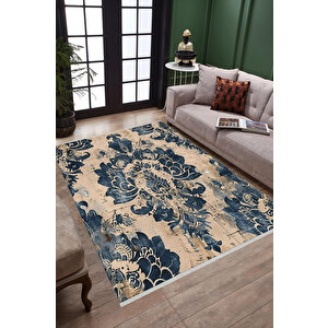 Damask Desenli Halı – Lacivert Ve Bej – Sanatsal Eskitme Dokunuşlarıyla Dramatik Zarafet, Makinede Yıkanabilir, Kaymaz Ve İnce Tabanlı 150x300 cm