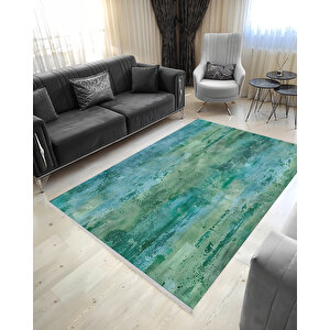 Yeşil Ve Mavi Renkli Soyut Halı – Makinede Yıkanabilir, Pamuk Tabanlı, Kolay Temizlenebilir, Robot Süpürge Uyumlu