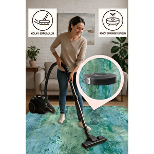 Yeşil Ve Mavi Renkli Soyut Halı – Makinede Yıkanabilir, Pamuk Tabanlı, Kolay Temizlenebilir, Robot Süpürge Uyumlu