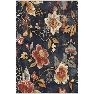 Çiçek Desenli Klasik Halı – Lacivert, Kırmızı Ve Sarı – Canlı Renkli Vintage Çiçek Tasarımı, Makinede Yıkanabilir, Kaymaz Ve İnce Tabanlı 160x180 cm