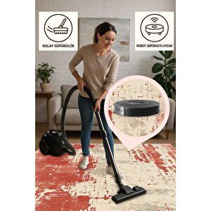 Halı – Kırmızı, Bej Ve Gri – Soyut Desen, Pamuk Dokuma Taban, Makinede Yıkanabilir, Kolay Temizlenebilir, Toz Ve Tüy Tutmaz, Kaymaz, Evcil Hayvan Dostu