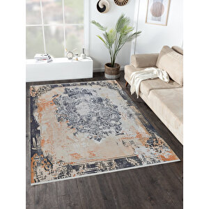 Gri, Turuncu Ve Krem Renkli Halı, Vintage Oriental Desenli, Yıkanabilir Ve Evcil Hayvan Dostu