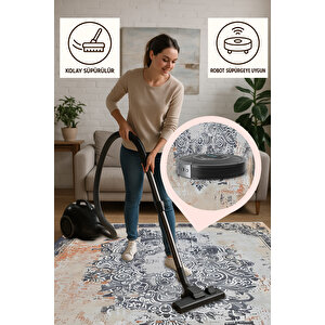 Gri, Turuncu Ve Krem Renkli Halı, Vintage Oriental Desenli, Yıkanabilir Ve Evcil Hayvan Dostu