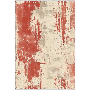 Halı – Kırmızı, Bej Ve Gri – Soyut Desen, Pamuk Dokuma Taban, Makinede Yıkanabilir, Kolay Temizlenebilir, Toz Ve Tüy Tutmaz, Kaymaz, Evcil Hayvan Dostu 160x350 cm