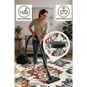 Geleneksel Desenli Halı – Lacivert, Kırmızı Ve Sarı – Canlı Motiflerle Zamansız Stil, Makinede Yıkanabilir, Toz Ve Tüy Tutmaz, Pamuk Dokuma Taban, Kaymaz Yapı