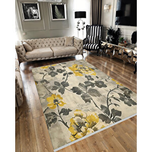 Halı – Sarı; Gri; Krem – Floral Desen, Pamuk Dokuma Taban, Makinede Yıkanabilir, Kolay Temizlenebilir, Toz Ve Tüy Tutmaz, Kaymaz, Evcil Hayvan Dostu 200x270 cm