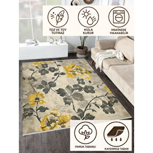 Halı – Sarı; Gri; Krem – Floral Desen, Pamuk Dokuma Taban, Makinede Yıkanabilir, Kolay Temizlenebilir, Toz Ve Tüy Tutmaz, Kaymaz, Evcil Hayvan Dostu