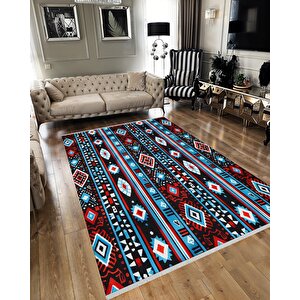 Halı – Siyah; Kırmızı; Mavi – Etnik Desen, Pamuk Dokuma Taban, Makinede Yıkanabilir, Kolay Temizlenebilir, Toz Ve Tüy Tutmaz, Kaymaz, Evcil Hayvan Dostu 200x350 cm