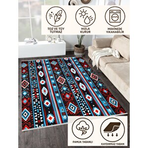 Halı – Siyah; Kırmızı; Mavi – Etnik Desen, Pamuk Dokuma Taban, Makinede Yıkanabilir, Kolay Temizlenebilir, Toz Ve Tüy Tutmaz, Kaymaz, Evcil Hayvan Dostu 200x350 cm