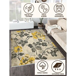 Halı – Sarı; Gri; Krem – Floral Desen, Pamuk Dokuma Taban, Makinede Yıkanabilir, Kolay Temizlenebilir, Toz Ve Tüy Tutmaz, Kaymaz, Evcil Hayvan Dostu
