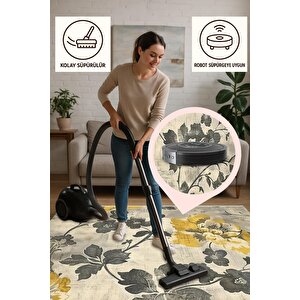 Halı – Sarı; Gri; Krem – Floral Desen, Pamuk Dokuma Taban, Makinede Yıkanabilir, Kolay Temizlenebilir, Toz Ve Tüy Tutmaz, Kaymaz, Evcil Hayvan Dostu