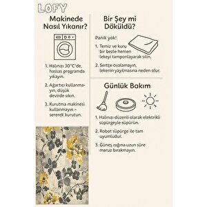 Halı – Sarı; Gri; Krem – Floral Desen, Pamuk Dokuma Taban, Makinede Yıkanabilir, Kolay Temizlenebilir, Toz Ve Tüy Tutmaz, Kaymaz, Evcil Hayvan Dostu