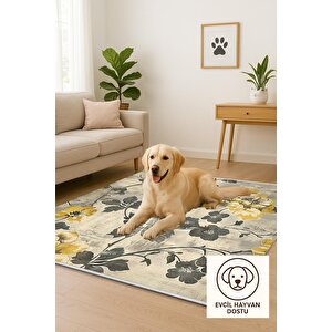 Halı – Sarı; Gri; Krem – Floral Desen, Pamuk Dokuma Taban, Makinede Yıkanabilir, Kolay Temizlenebilir, Toz Ve Tüy Tutmaz, Kaymaz, Evcil Hayvan Dostu