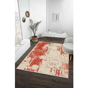 Halı – Kırmızı, Bej Ve Gri – Soyut Desen, Pamuk Dokuma Taban, Makinede Yıkanabilir, Kolay Temizlenebilir, Toz Ve Tüy Tutmaz, Kaymaz, Evcil Hayvan Dostu 80x150 cm