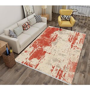 Halı – Kırmızı, Bej Ve Gri – Soyut Desen, Pamuk Dokuma Taban, Makinede Yıkanabilir, Kolay Temizlenebilir, Toz Ve Tüy Tutmaz, Kaymaz, Evcil Hayvan Dostu 80x150 cm