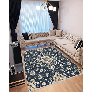 Çiçekli Klasik Halı – Lacivert Ve Krem – Geleneksel Motiflerle Zarif Tasarım, Makinede Yıkanabilir, Kaymaz Ve İnce Tabanlı 200x220 cm