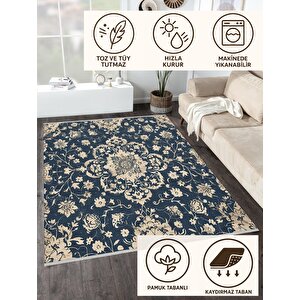 Çiçekli Klasik Halı – Lacivert Ve Krem – Geleneksel Motiflerle Zarif Tasarım, Makinede Yıkanabilir, Kaymaz Ve İnce Tabanlı