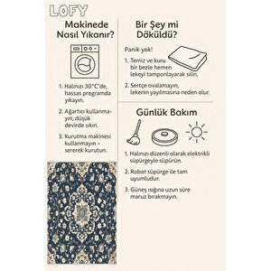 Çiçekli Klasik Halı – Lacivert Ve Krem – Geleneksel Motiflerle Zarif Tasarım, Makinede Yıkanabilir, Kaymaz Ve İnce Tabanlı