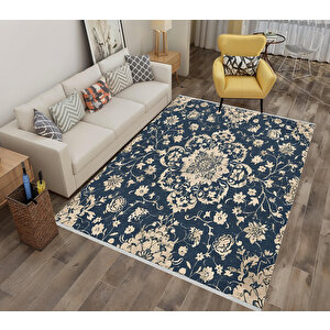 Çiçekli Klasik Halı – Lacivert Ve Krem – Geleneksel Motiflerle Zarif Tasarım, Makinede Yıkanabilir, Kaymaz Ve İnce Tabanlı 100x180 cm