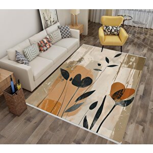 Halı – Bej; Siyah; Turuncu – Çiçekli Desen, Pamuk Dokuma Taban, Makinede Yıkanabilir, Kolay Temizlenebilir, Toz Ve Tüy Tutmaz, Kaymaz, Evcil Hayvan Dostu 160x350 cm