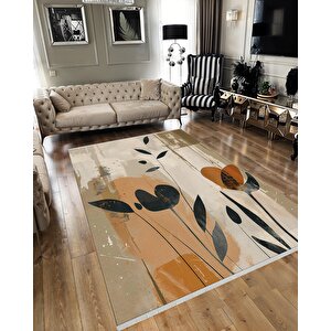 Halı – Bej; Siyah; Turuncu – Çiçekli Desen, Pamuk Dokuma Taban, Makinede Yıkanabilir, Kolay Temizlenebilir, Toz Ve Tüy Tutmaz, Kaymaz, Evcil Hayvan Dostu 160x350 cm