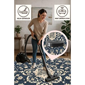 Çiçekli Klasik Halı – Lacivert Ve Krem – Geleneksel Motiflerle Zarif Tasarım, Makinede Yıkanabilir, Kaymaz Ve İnce Tabanlı