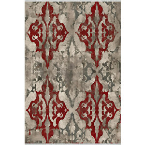 Soyut Desenli Halı – Kırmızı, Gri Ve Bej Tonlar – Geleneksel Formda Modern Yorum, Makinede Yıkanabilir, Toz Tutmaz, Kaymaz Taban, Evcil Hayvan Dostu 160x180 cm