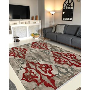 Soyut Desenli Halı – Kırmızı, Gri Ve Bej Tonlar – Geleneksel Formda Modern Yorum, Makinede Yıkanabilir, Toz Tutmaz, Kaymaz Taban, Evcil Hayvan Dostu