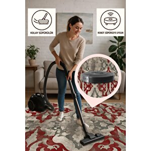 Soyut Desenli Halı – Kırmızı, Gri Ve Bej Tonlar – Geleneksel Formda Modern Yorum, Makinede Yıkanabilir, Toz Tutmaz, Kaymaz Taban, Evcil Hayvan Dostu
