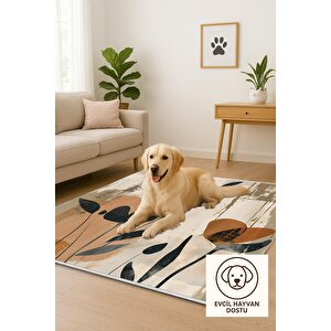 Halı – Bej; Siyah; Turuncu – Çiçekli Desen, Pamuk Dokuma Taban, Makinede Yıkanabilir, Kolay Temizlenebilir, Toz Ve Tüy Tutmaz, Kaymaz, Evcil Hayvan Dostu