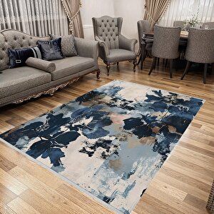 Soyut Çiçek Desenli Halı – Lacivert, Bej Ve Açık Mavi – Modern Sanatsal Tasarım, Makinede Yıkanabilir, Kaymaz Ve İnce Tabanlı 160x350 cm