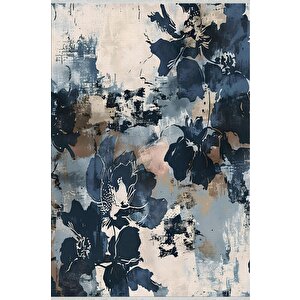 Soyut Çiçek Desenli Halı – Lacivert, Bej Ve Açık Mavi – Modern Sanatsal Tasarım, Makinede Yıkanabilir, Kaymaz Ve İnce Tabanlı 160x350 cm